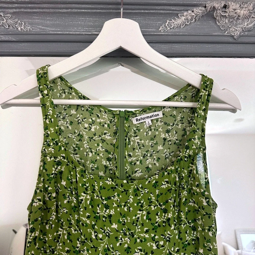 Reformation Noha Mini Dress Green Floral Square Neck Sleeveless Front Slit 2 - Picture 6 of 12